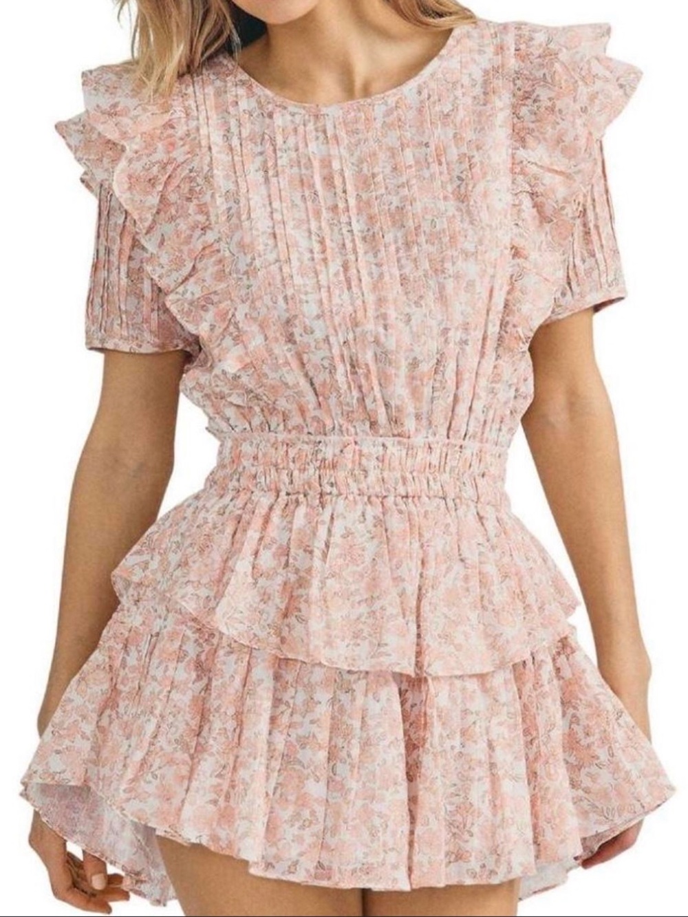LoveShackFancy Natasha Floral Ruffle Mini Dress Pink White Small
